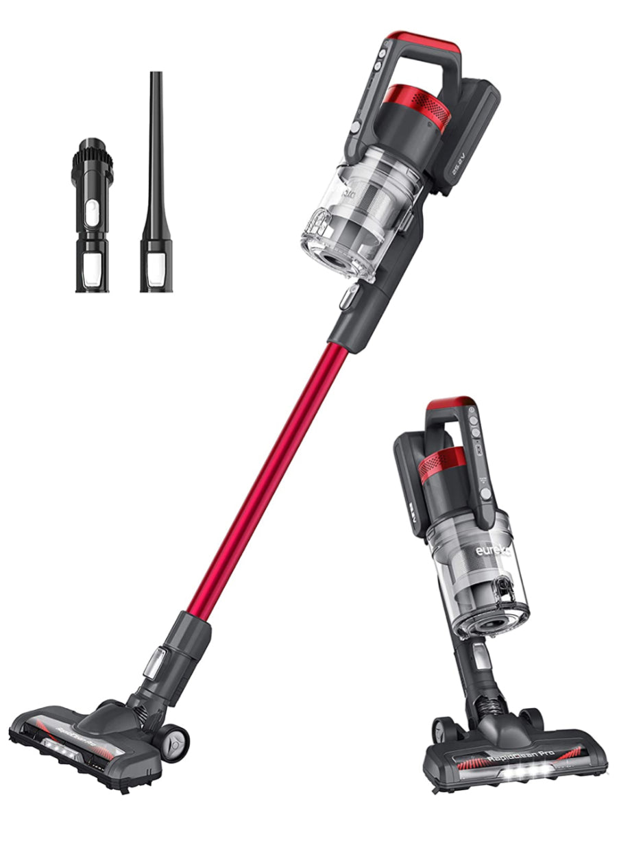 EUREKA Cordless Vacuum Cleaner LED Headlights, Convenient Stick and Handheld Vac, Red, Black
